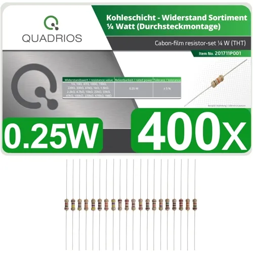 400pcs 0.25W Carbon Film Resistor Kit – 20 Values, ±5% for Education & Lab | QUADRIOS 201711P001