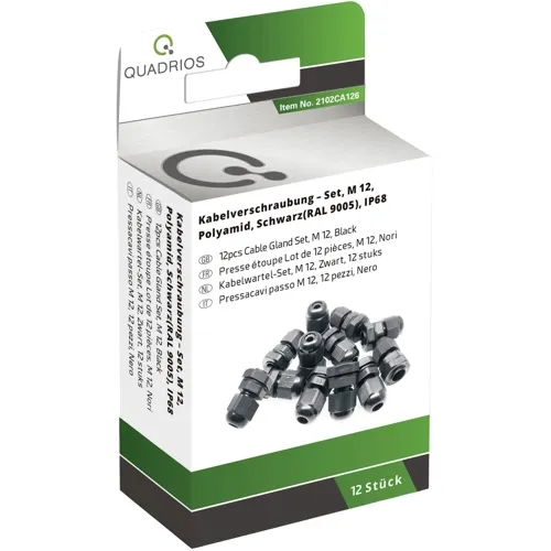 M12 Black Cable Gland Kit – 12pcs 3-6.5mm IP68 Waterproof | QUADRIOS 2102CA126